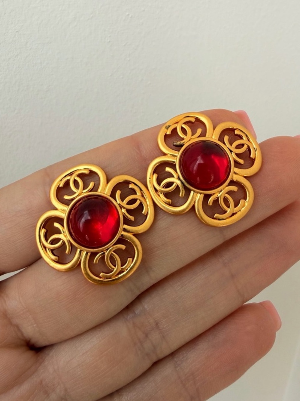 Chanel Chanel Red Gripoix Clover CC Earrings Vintage Red Gripoix